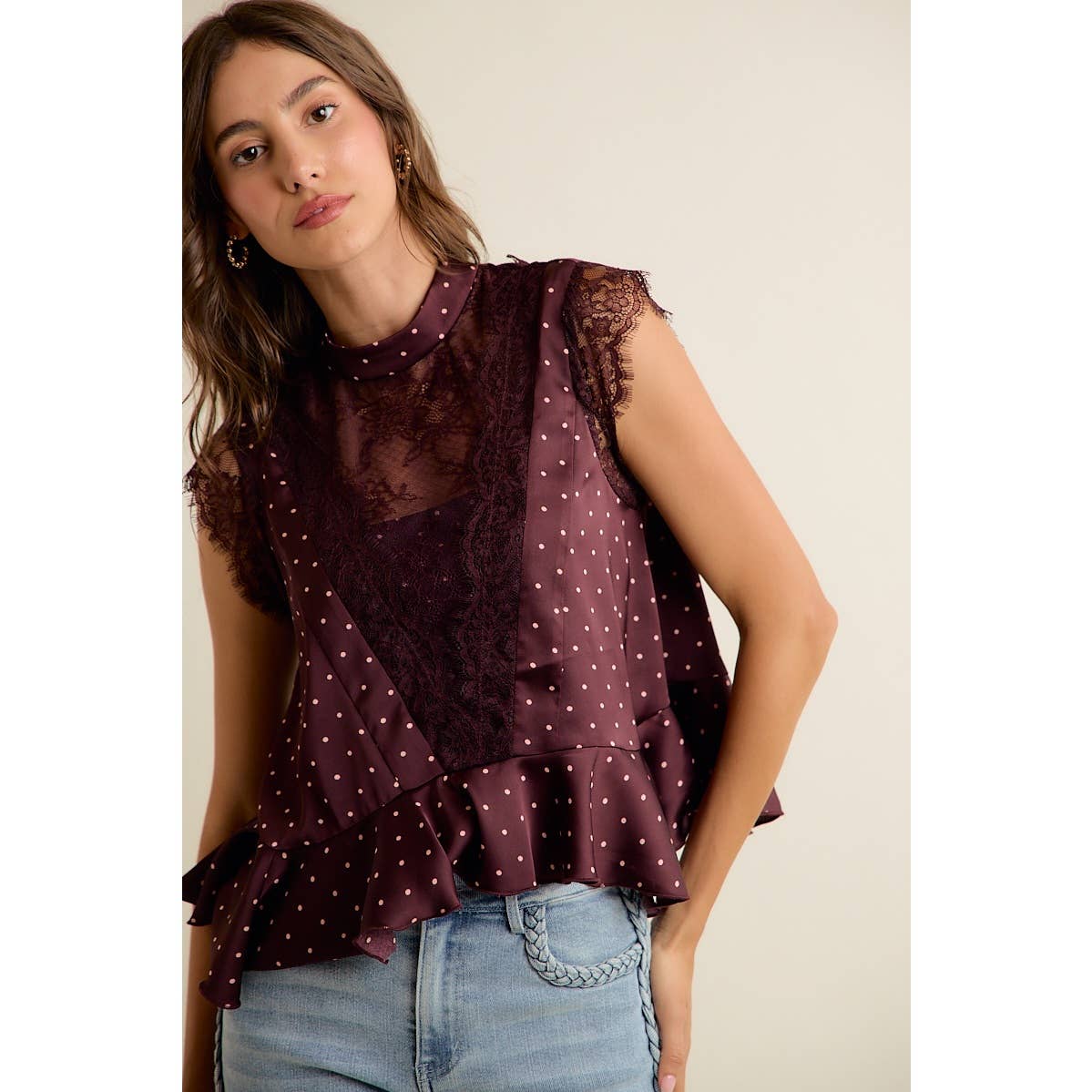 WINE POLKA DOT SATIN LACE TRIM RUFFLED HIGH NECK BLOUSE TOP