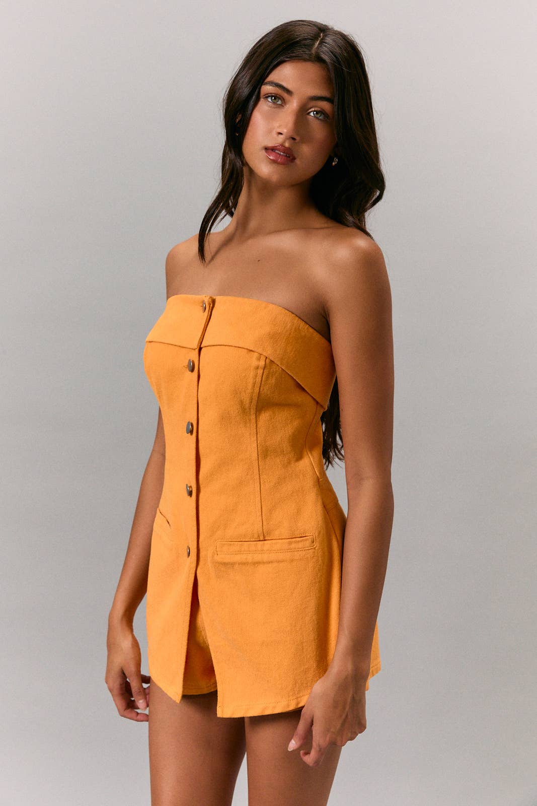 STRAPLESS WITH TWILL ROMPER: Orange