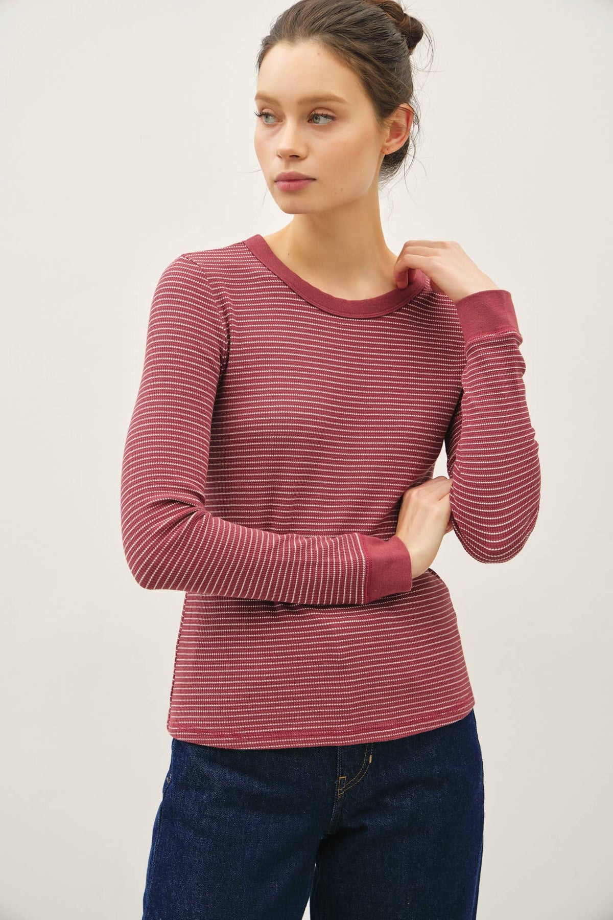 STITCHED THERMAL CREW NECK TOP: OATMEAL