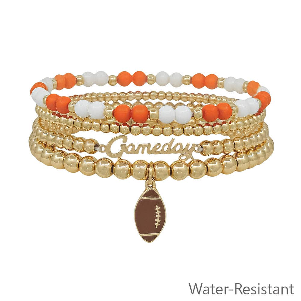 Water Resistant Orange and White with Gold Gameday and Football Charm Stretch Bracelet Set