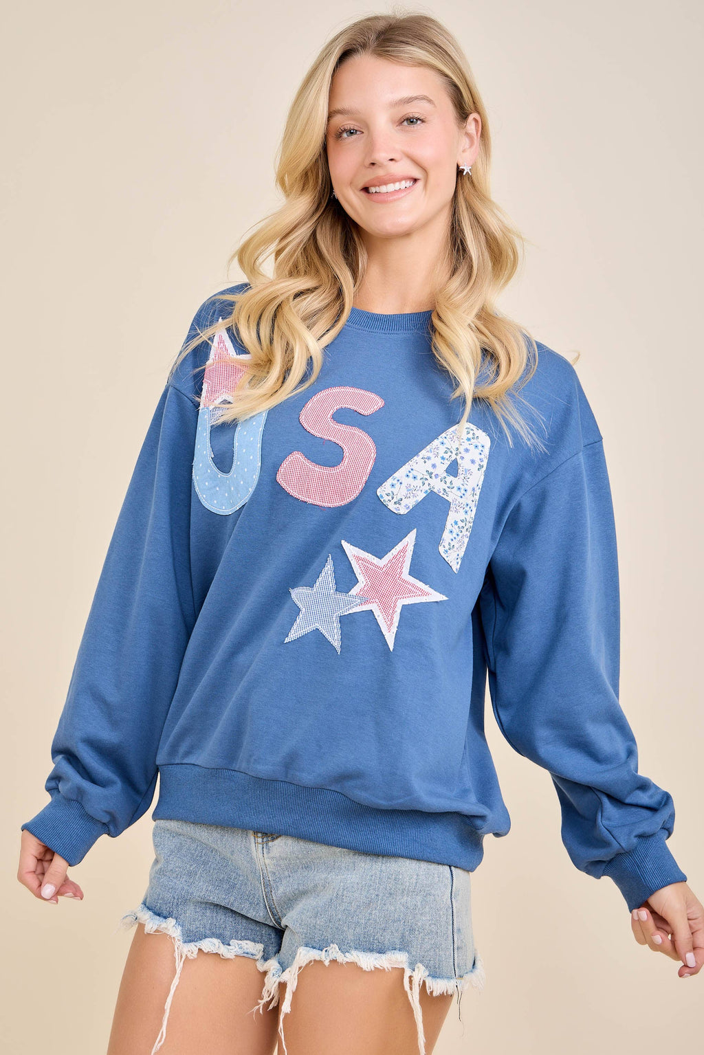 USA Patchwork Star Graphic Sweatshirt: NAVY