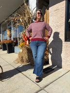 BURGUNDY/GREY STRIPED LONG SLEEVE SWEATER TOP