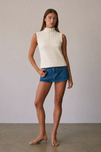 Oatmeal Ribbed Mock Neck Sleeveless Sweater Vest