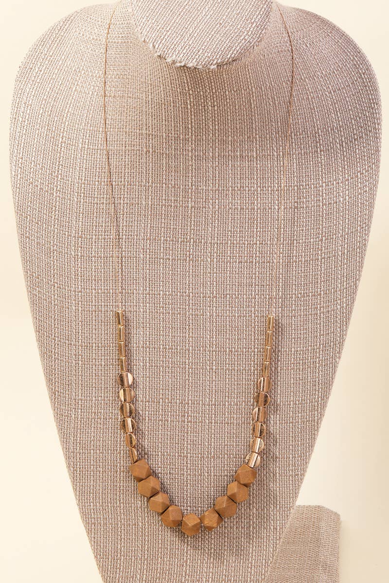 Brown Block Bead Charm Long Necklace