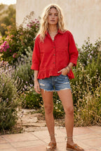 Red Ruffle Hem Button Front Poplin Top