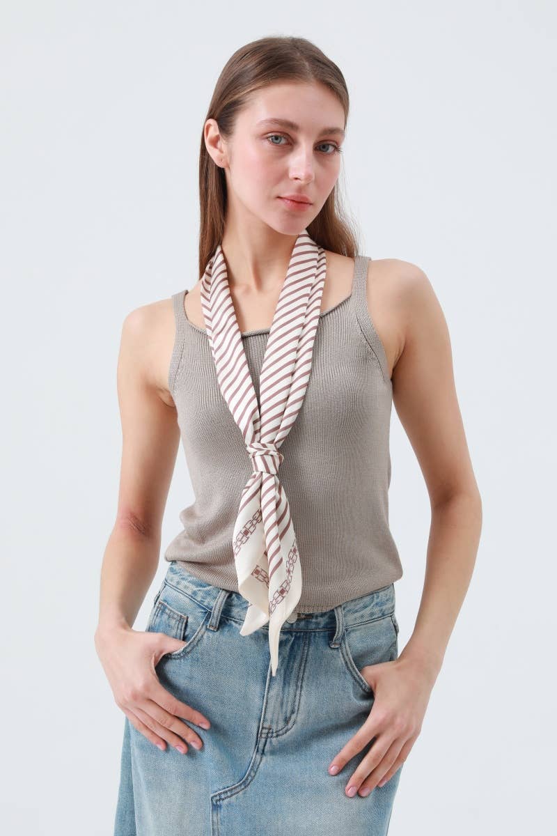 Cream Striped Satin Silky Skinny Scarf – Leto Accessories – view 5