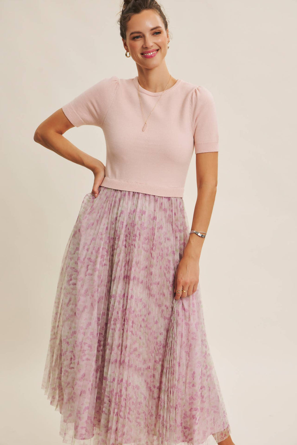 FIELD OF PLEATED WILDFLOWERS SWEATER TWOFER MIDI DRESS: PINK/LILAC