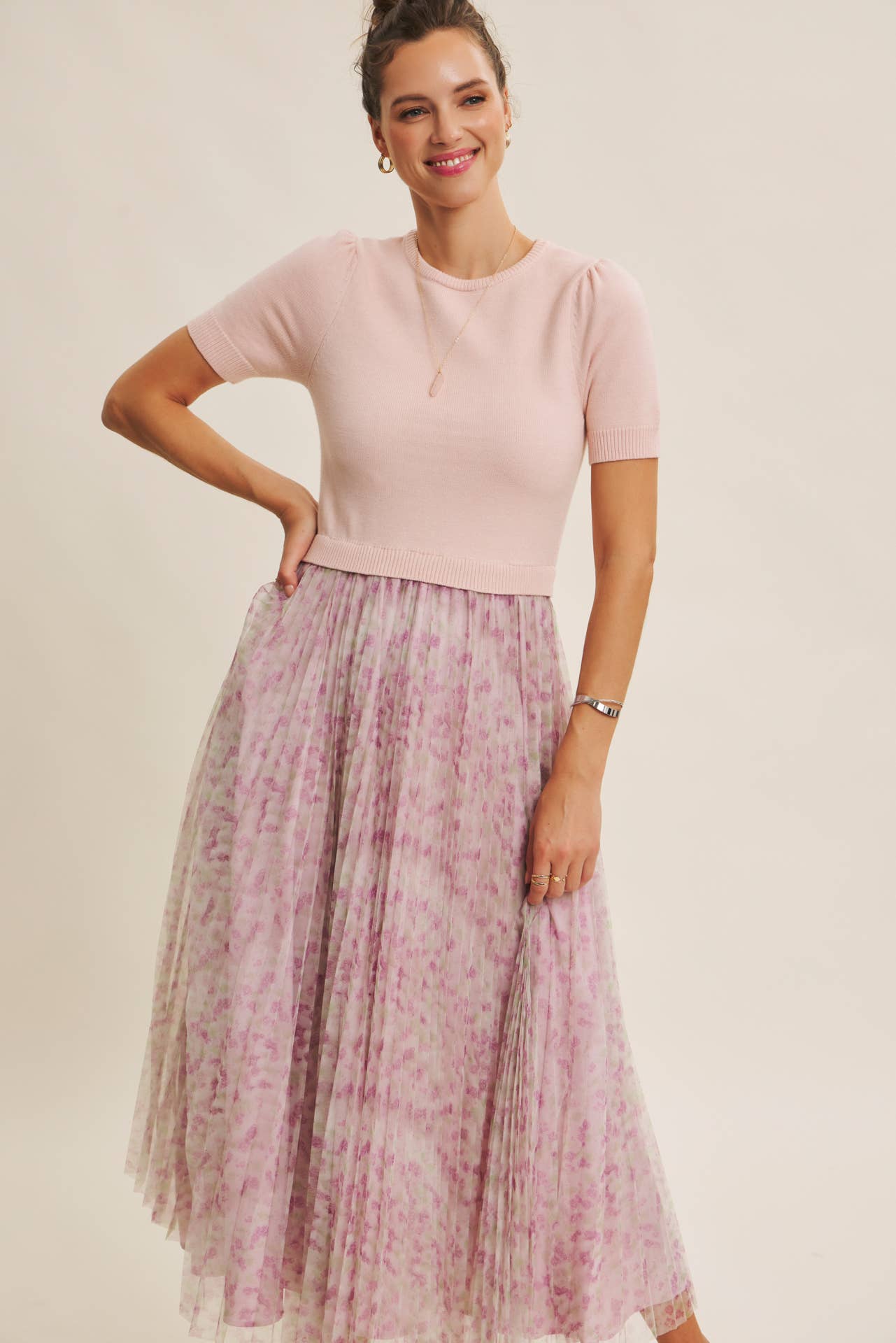 FIELD OF PLEATED WILDFLOWERS SWEATER TWOFER MIDI DRESS: PINK/LILAC