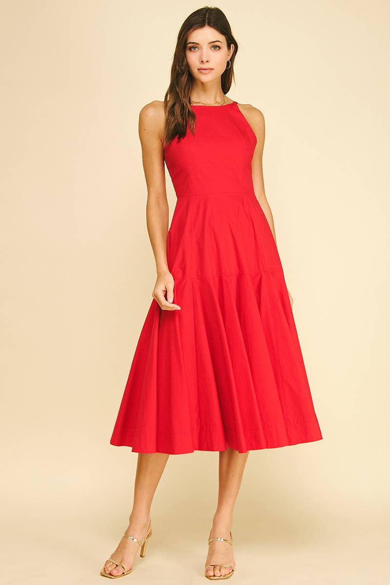 HALTER NECK A-LINE MIDI DRESS Red