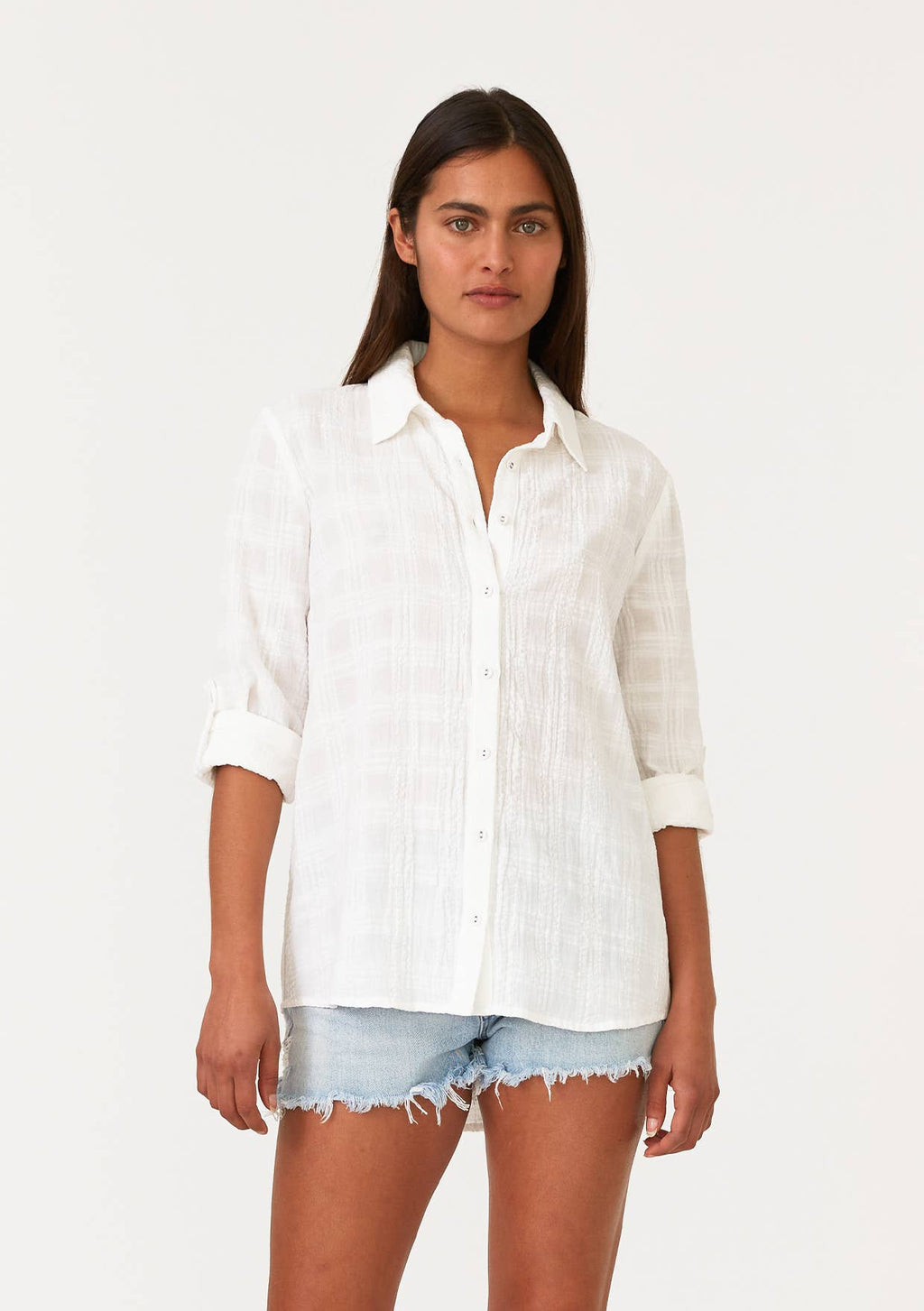 Puckered Long Sleeve Button Down Blouse: White