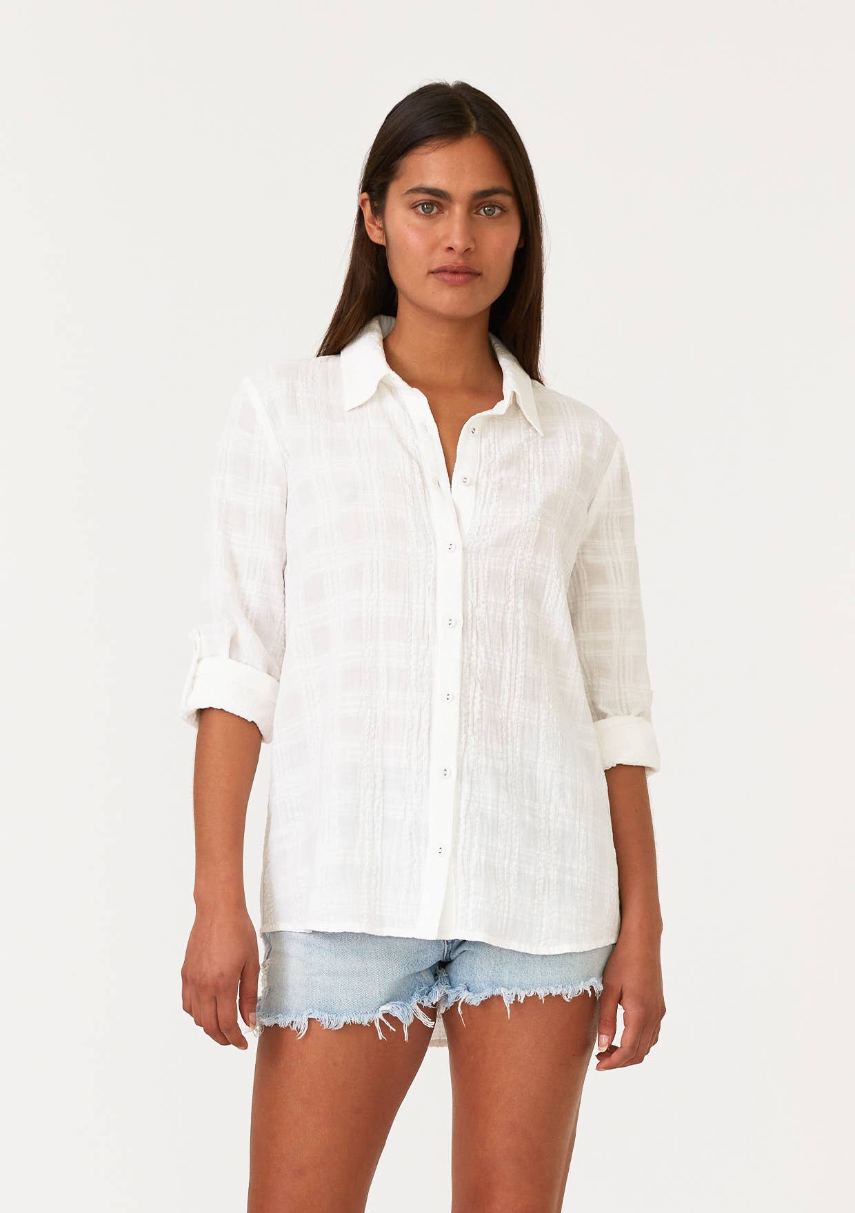 Puckered Long Sleeve Button Down Blouse: White