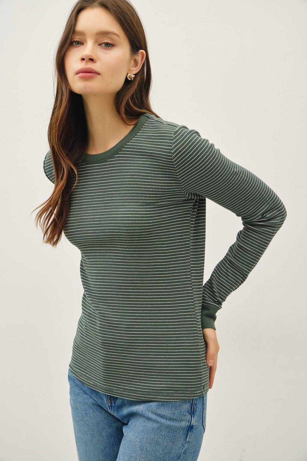 STITCHED THERMAL CREW NECK TOP: OATMEAL