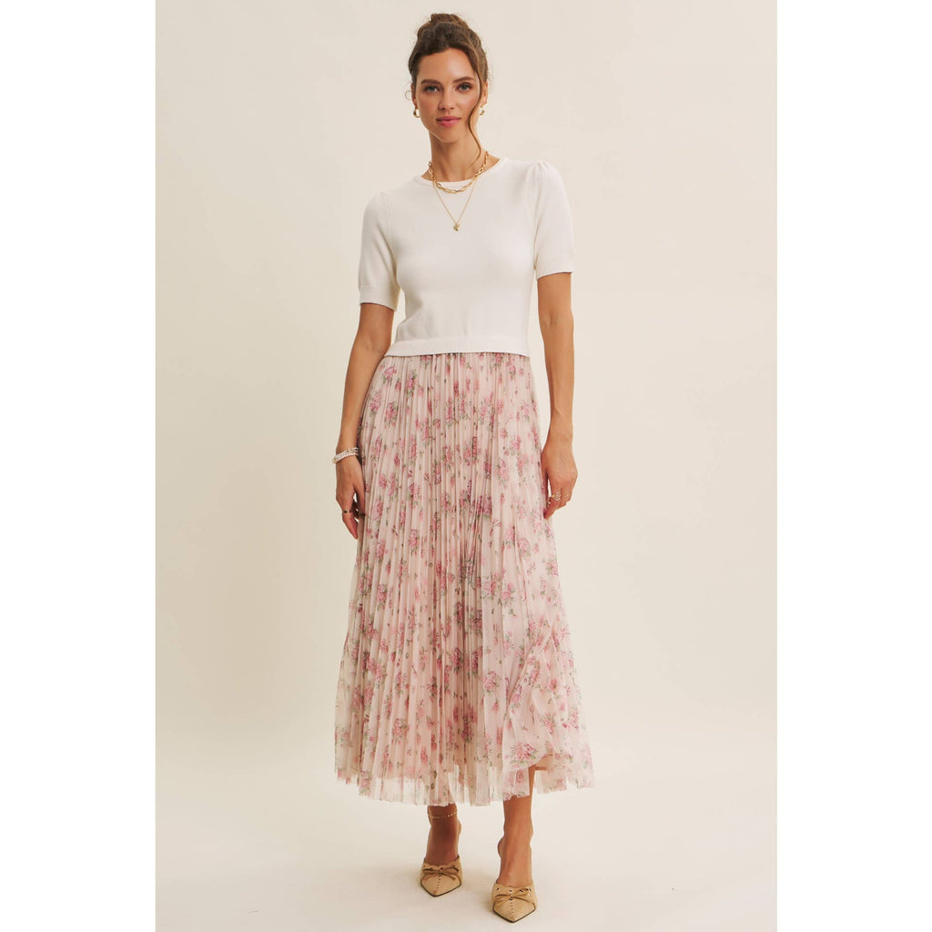 FIELD OF PLEATED WILDFLOWERS SWEATER TWOFER MIDI DRESS: PINK/LILAC