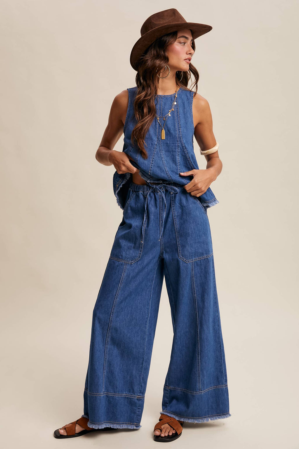 Blue Haze Washed Denim Tank & Wide-Leg Pants Set
