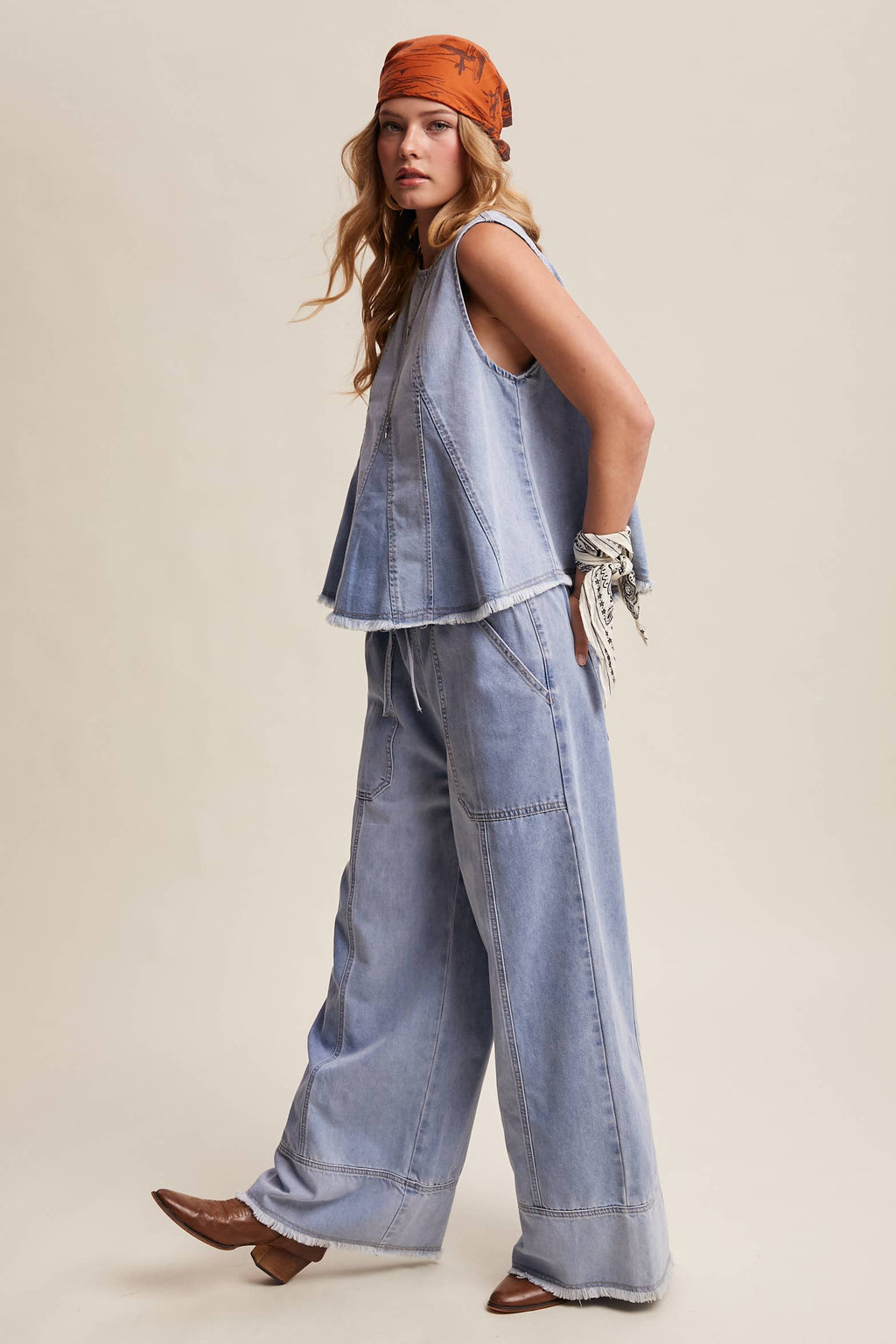Blue Haze Washed Denim Tank & Wide-Leg Pants Set