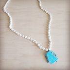 Long White Turquoise Beaded Necklace w/ Turquoise Pendant 263d