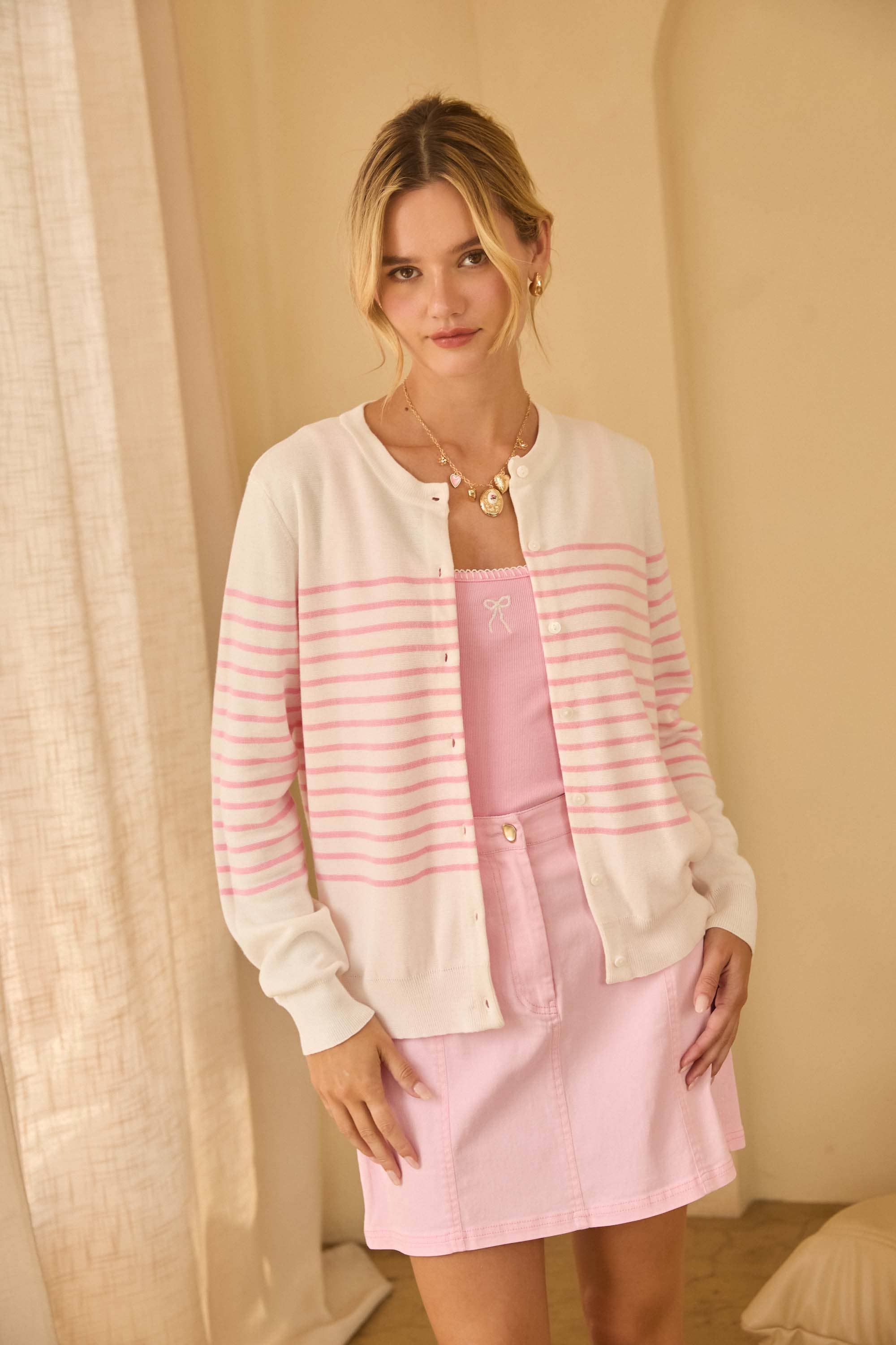Striped Button-Down Cardigan: White-Pink