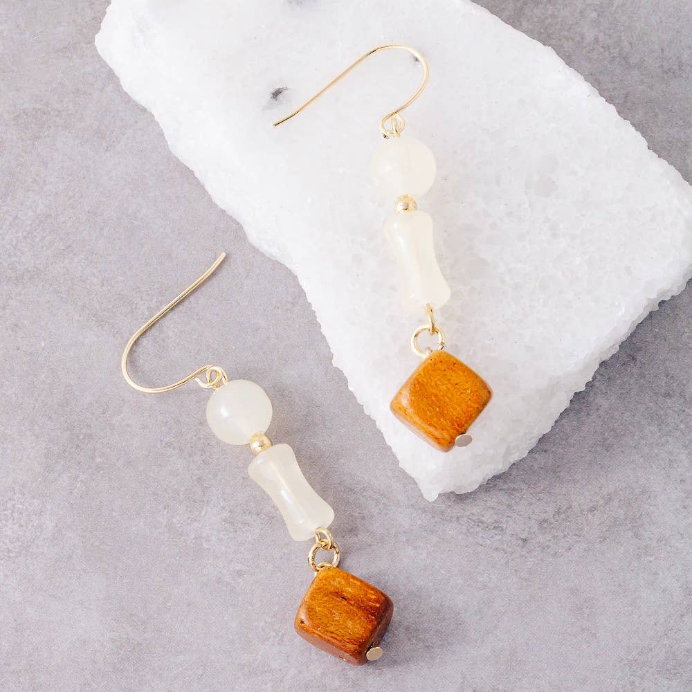 Glass And Wood Beads Dangle Earrings: MULTI