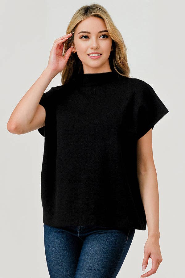 BLACK Mock Neck Short Sleeve Soft Sweater Vest Top – Pixi + Ivy – view 2