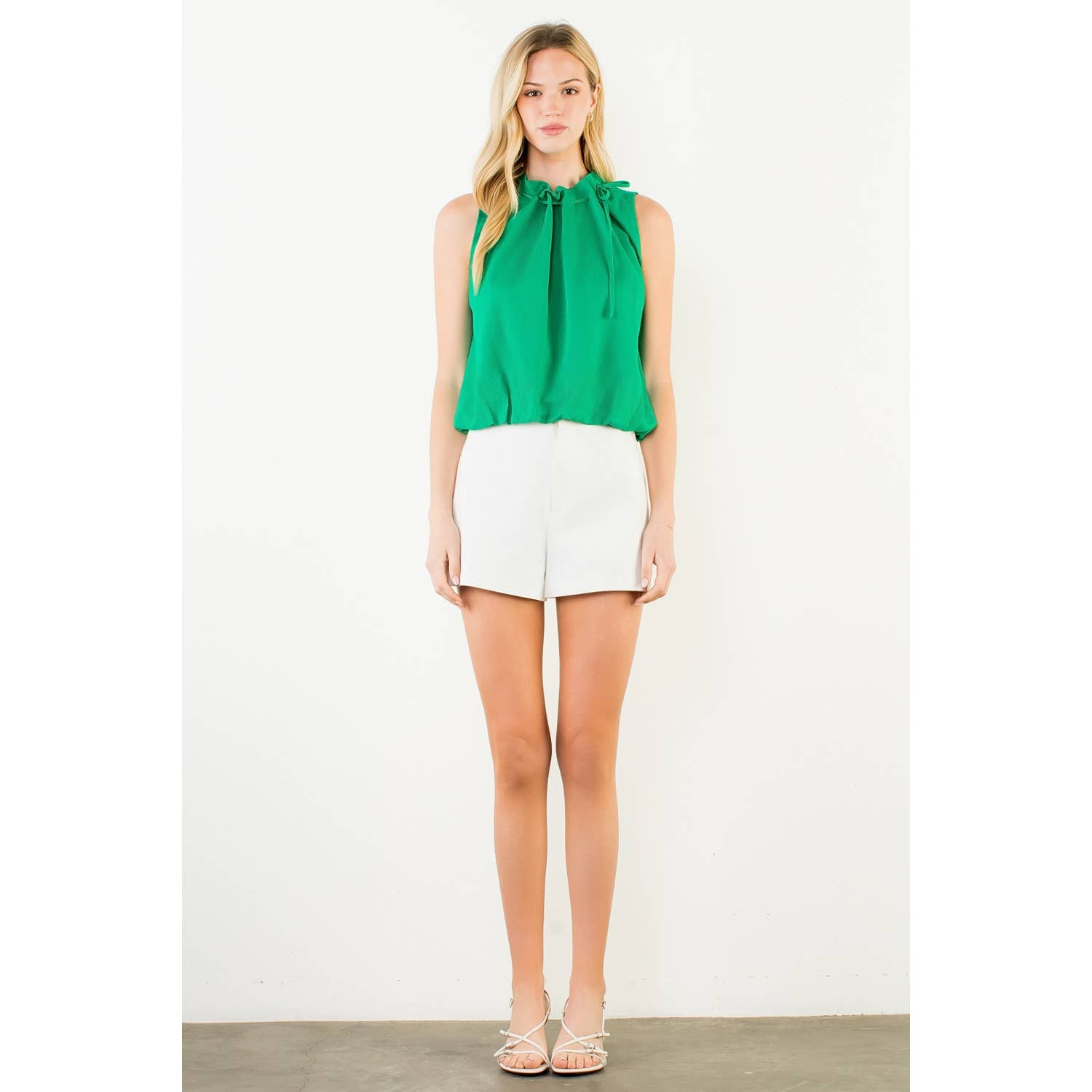 Sleeveless Tie Neck Ruffle Top: GREEN