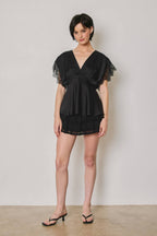 Satin Lace V Neck Blouson Top: BLACK