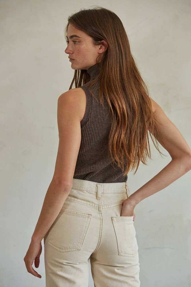 Knit Turtleneck Sleeveless Pullover Top: Dark Chocolate