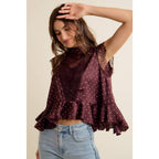 WINE POLKA DOT SATIN LACE TRIM RUFFLED HIGH NECK BLOUSE TOP