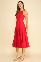 HALTER NECK A-LINE MIDI DRESS Red