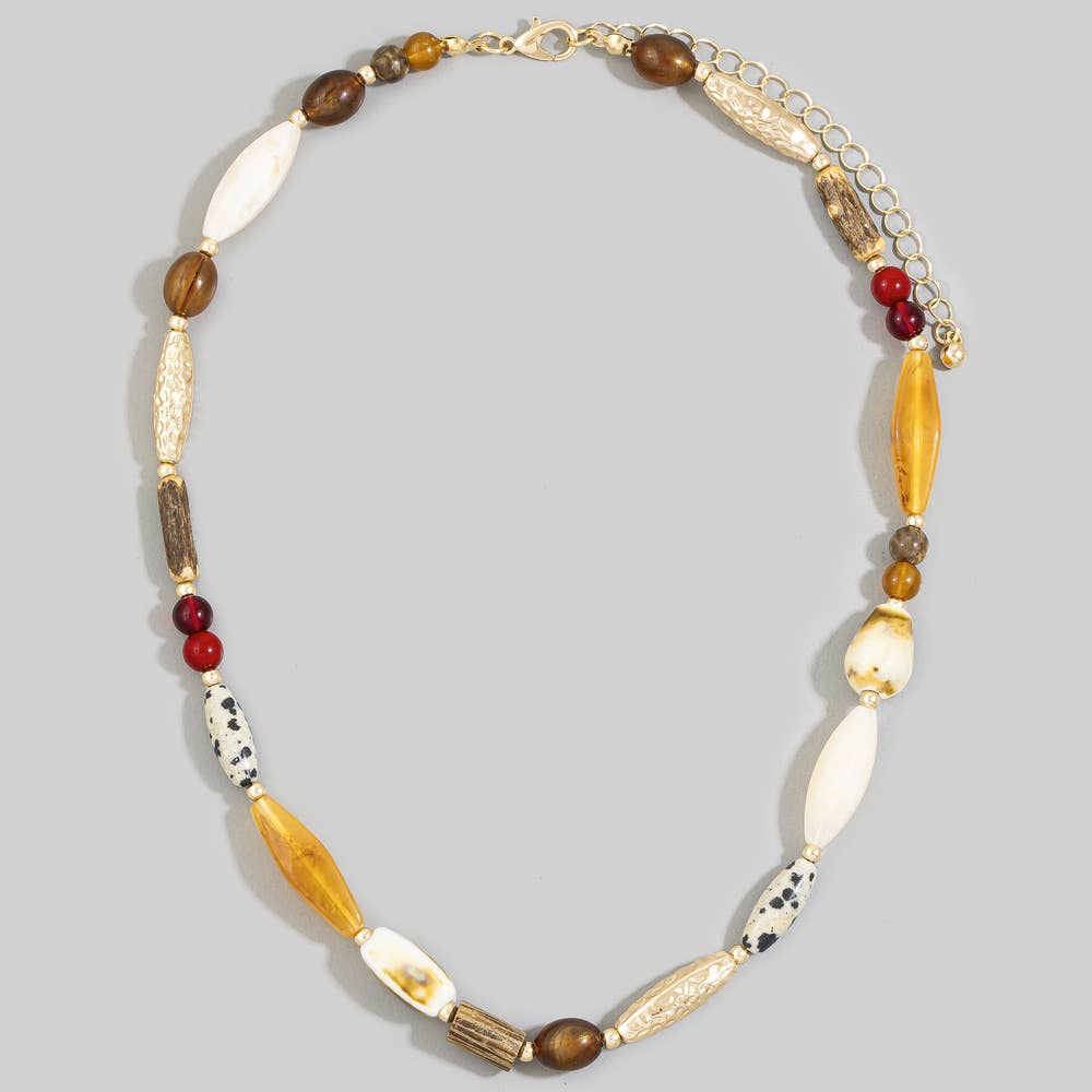 Mixed Material Chunky Oval Bead Statement Necklace: GDMT