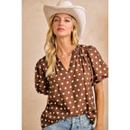 DK MOCHA/IVORY POLKA DOT PRINTED WOVEN RUFFLED V NECK TOP