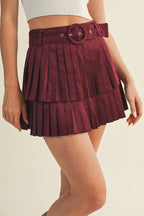 SUEDE PLEATED TIERED MINI SKIRT: CAMEL