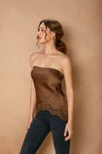 Mocha Satin Asymmetrical Lace Hem Tube Top
