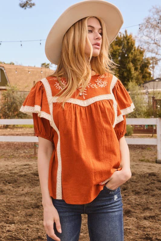 Plus Embroidery Ruffle Blouse: Rust