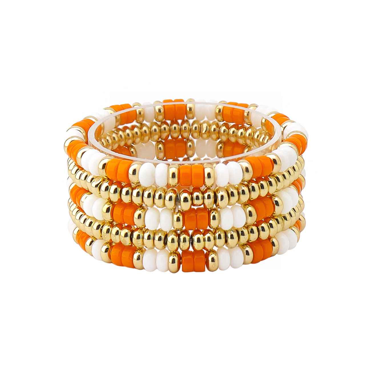 Orange and White Beaded with Gold Set of 4 Stretch Bracelets