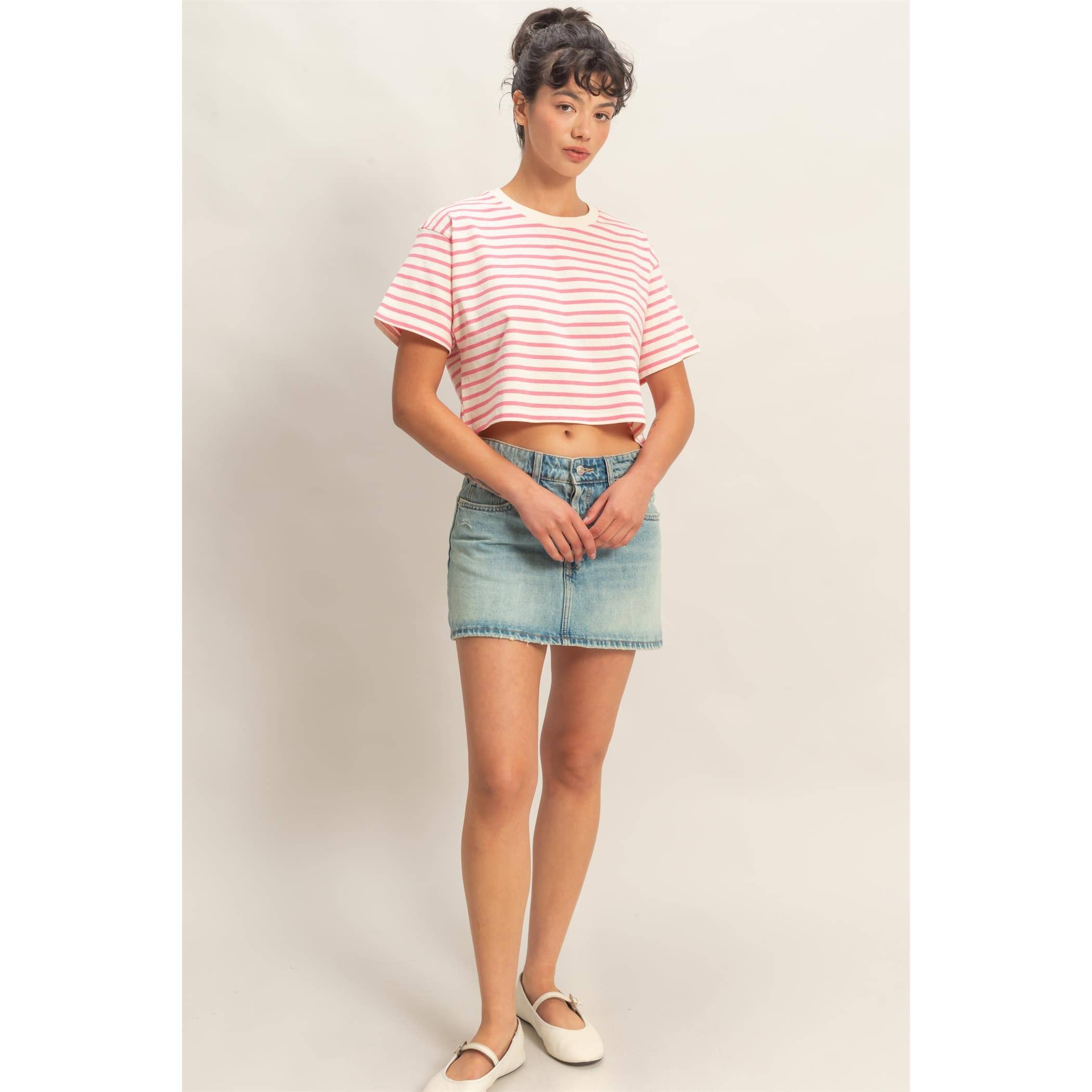 PINK Striped Oversized Short Sleeve Cropped Tee: