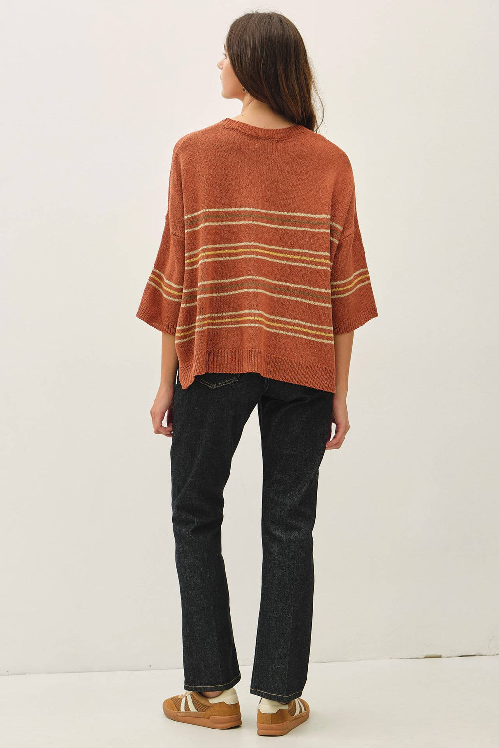 RUST OVER SIZED DROP SHOULDER STRIPED SWEATER