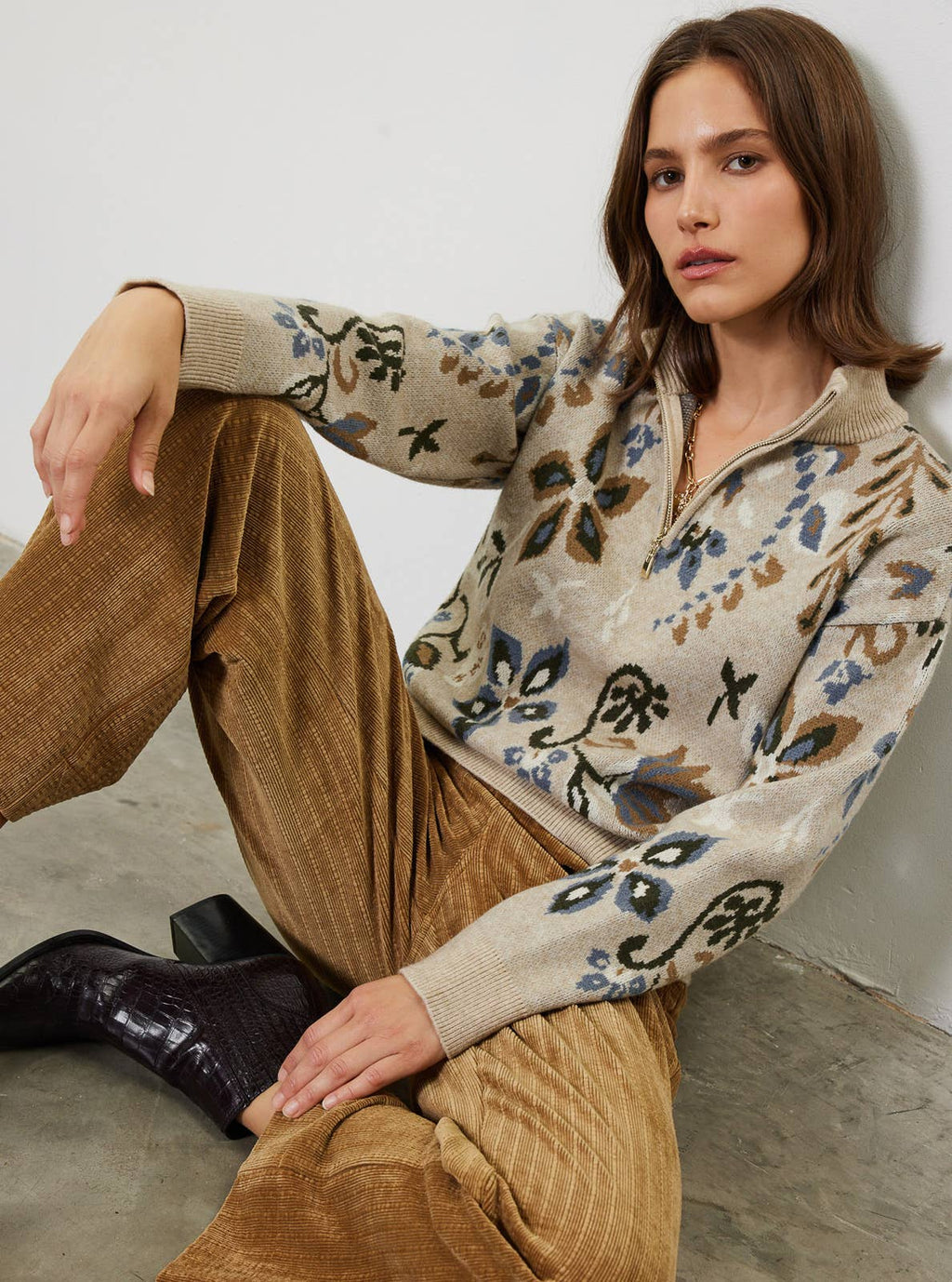 Barley Floral Half Zip Up Sweater