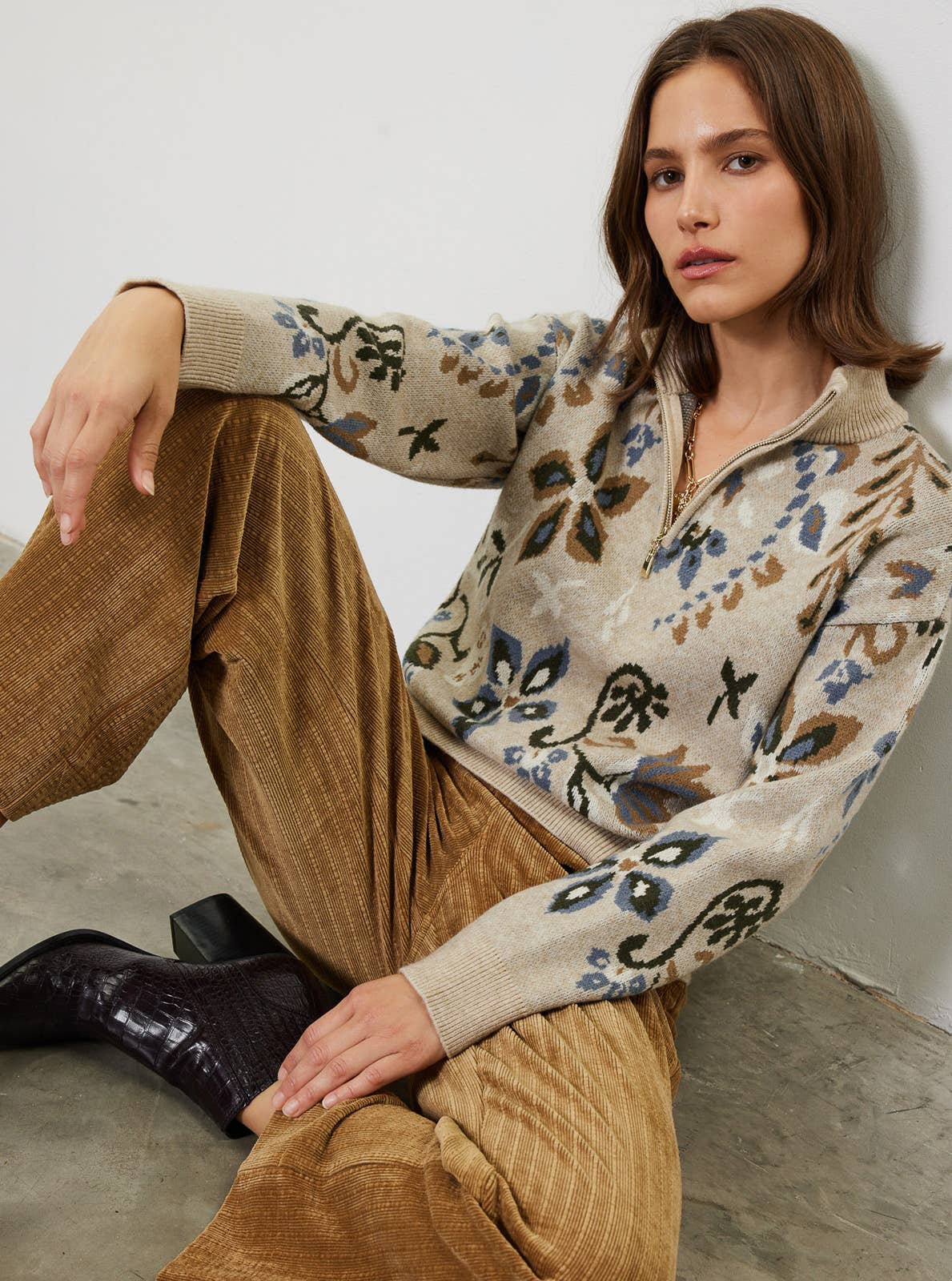 Barley Floral Half Zip Up Sweater