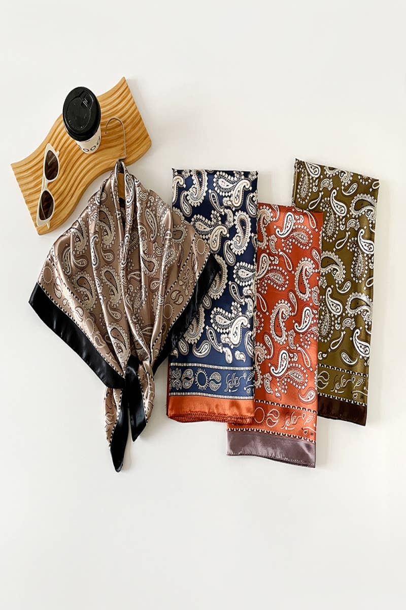BURNT ORANGE Vintage Paisley Satin Square Scarf Multi-use Neck Bandana