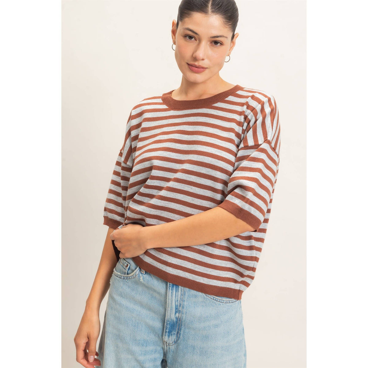 BROWN Striped Crew Neck Sweater – HYFVE