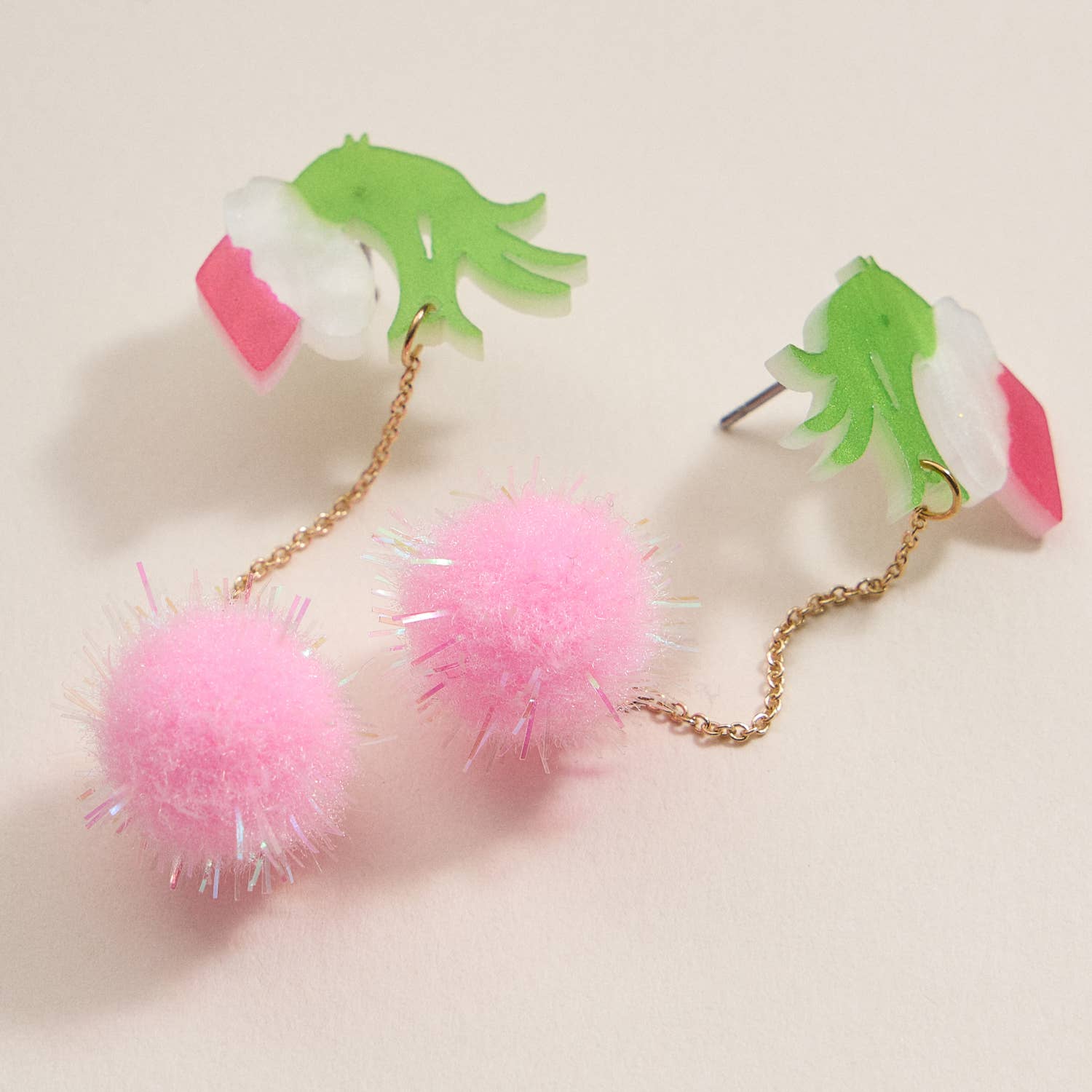Christmas Green Monster Hand & Pom-Pom Dangling Earrings: Pink / One / 4SE31114