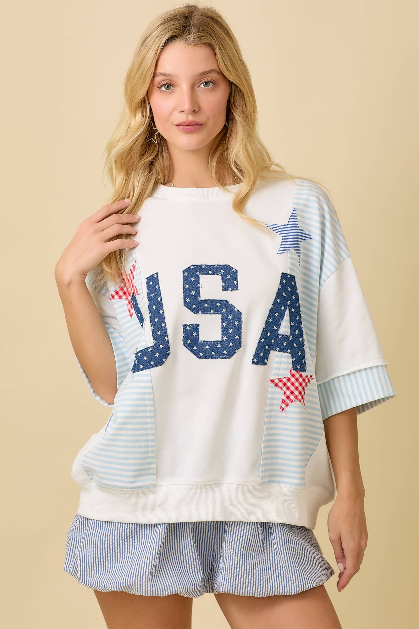 WHITE USA Star Patchwork Oversized Top