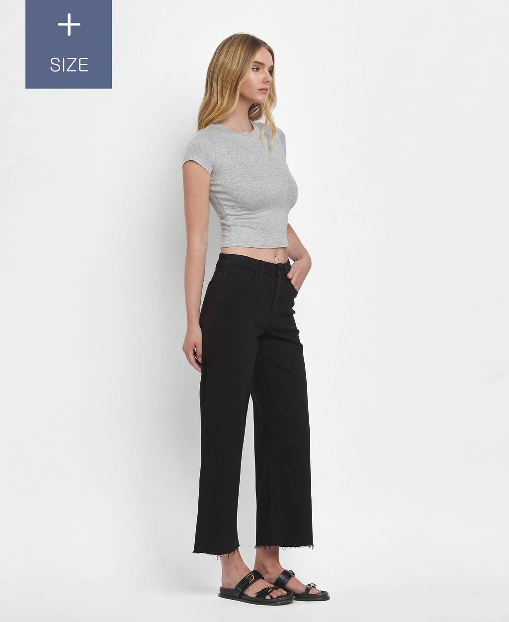 PLUS SIZE HIGH RISE BLACK CROP WIDE LEG JEANS