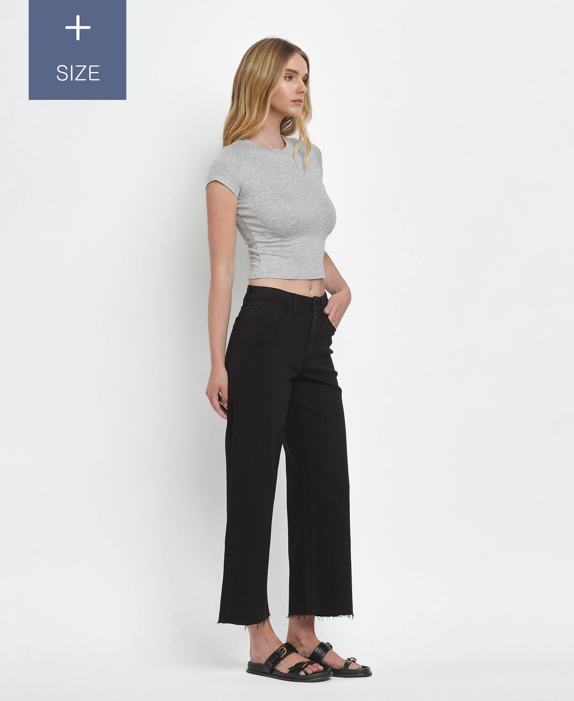 PLUS SIZE HIGH RISE BLACK CROP WIDE LEG JEANS