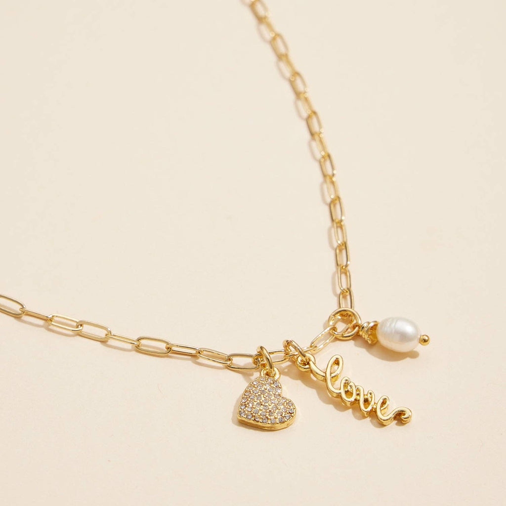 Gold Dipped Charming "Love" Pendant Necklace with Heart and Pearl Accents: Gold / One / 4DN18070