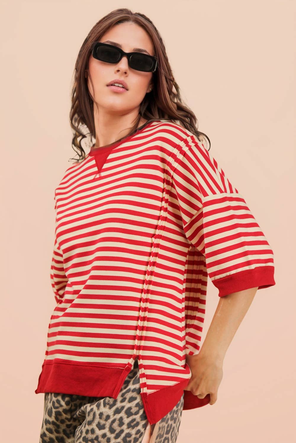 RED/CREAM Oversized Stripe Casual Knit Top