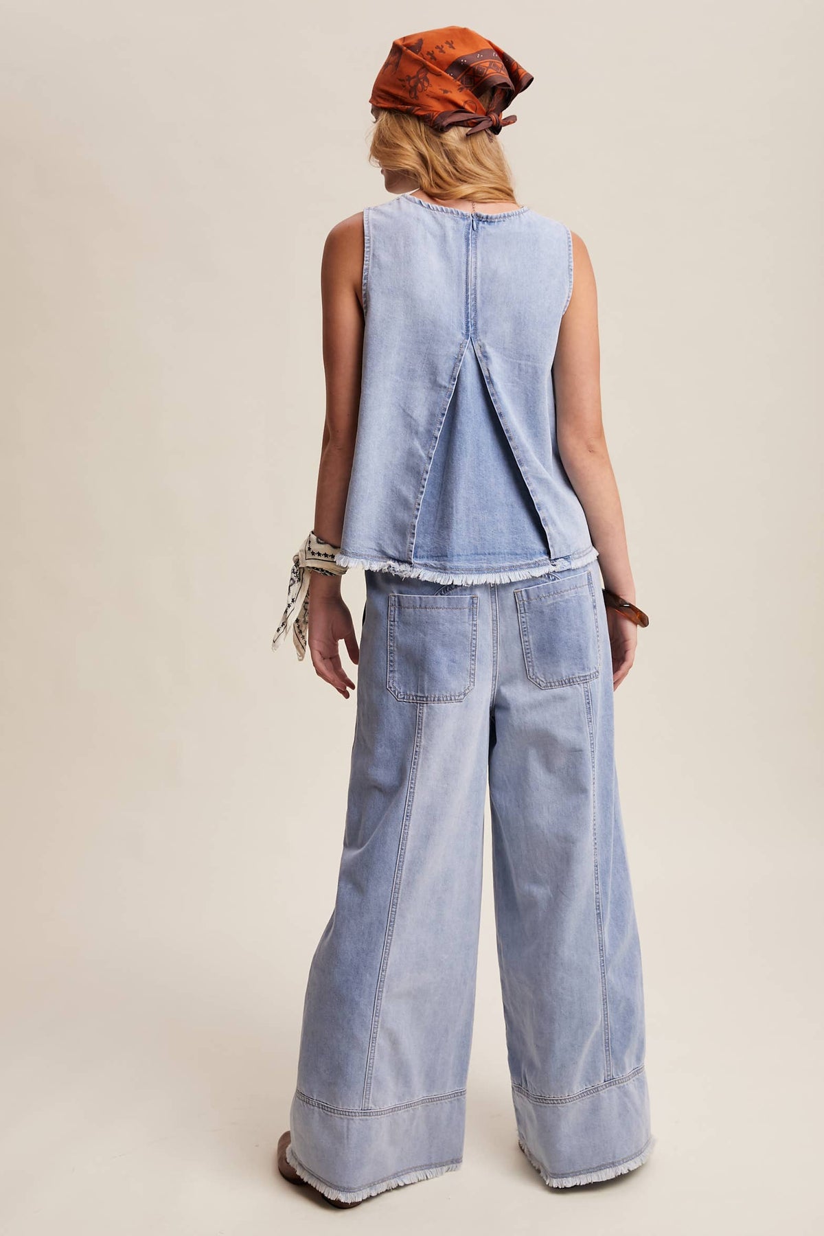 Blue Haze Washed Denim Tank & Wide-Leg Pants Set