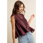 WINE POLKA DOT SATIN LACE TRIM RUFFLED HIGH NECK BLOUSE TOP