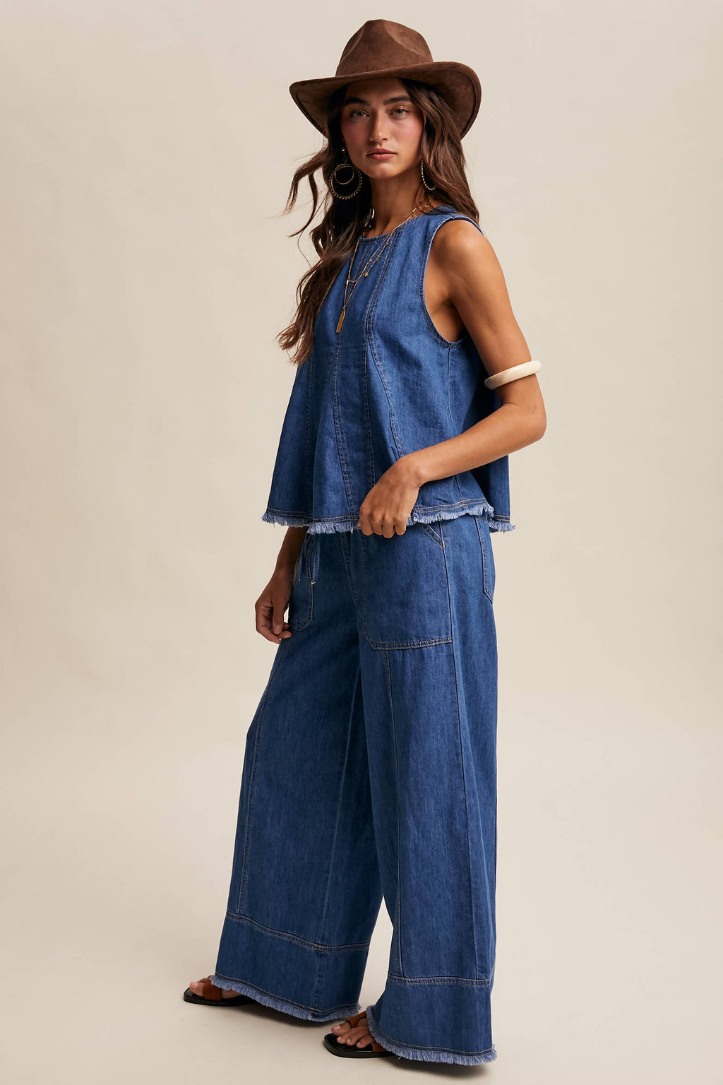 Blue Haze Washed Denim Tank & Wide-Leg Pants Set