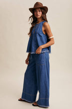 Blue Haze Washed Denim Tank & Wide-Leg Pants Set